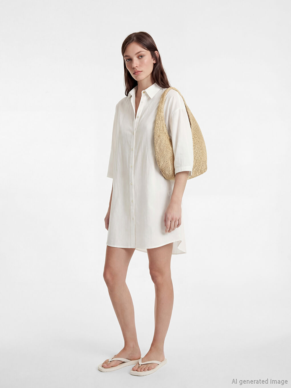 Ekru Gömlek Yaka Kadın Plaj Elbisesi-1