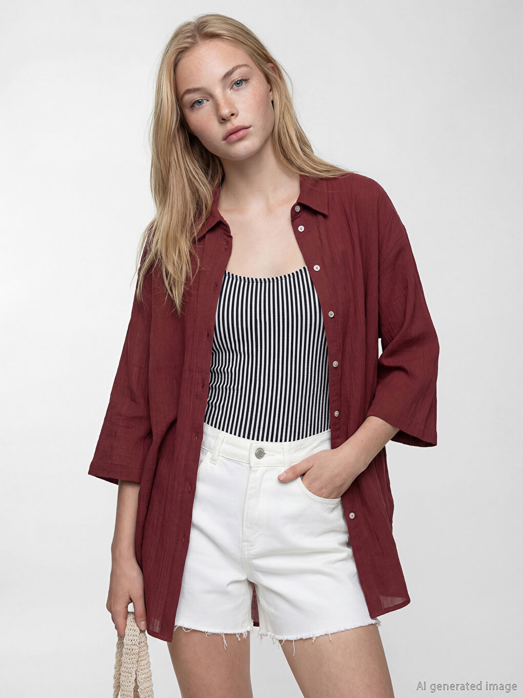 Bordo Gömlek Yaka Kadın Plaj Elbisesi-1