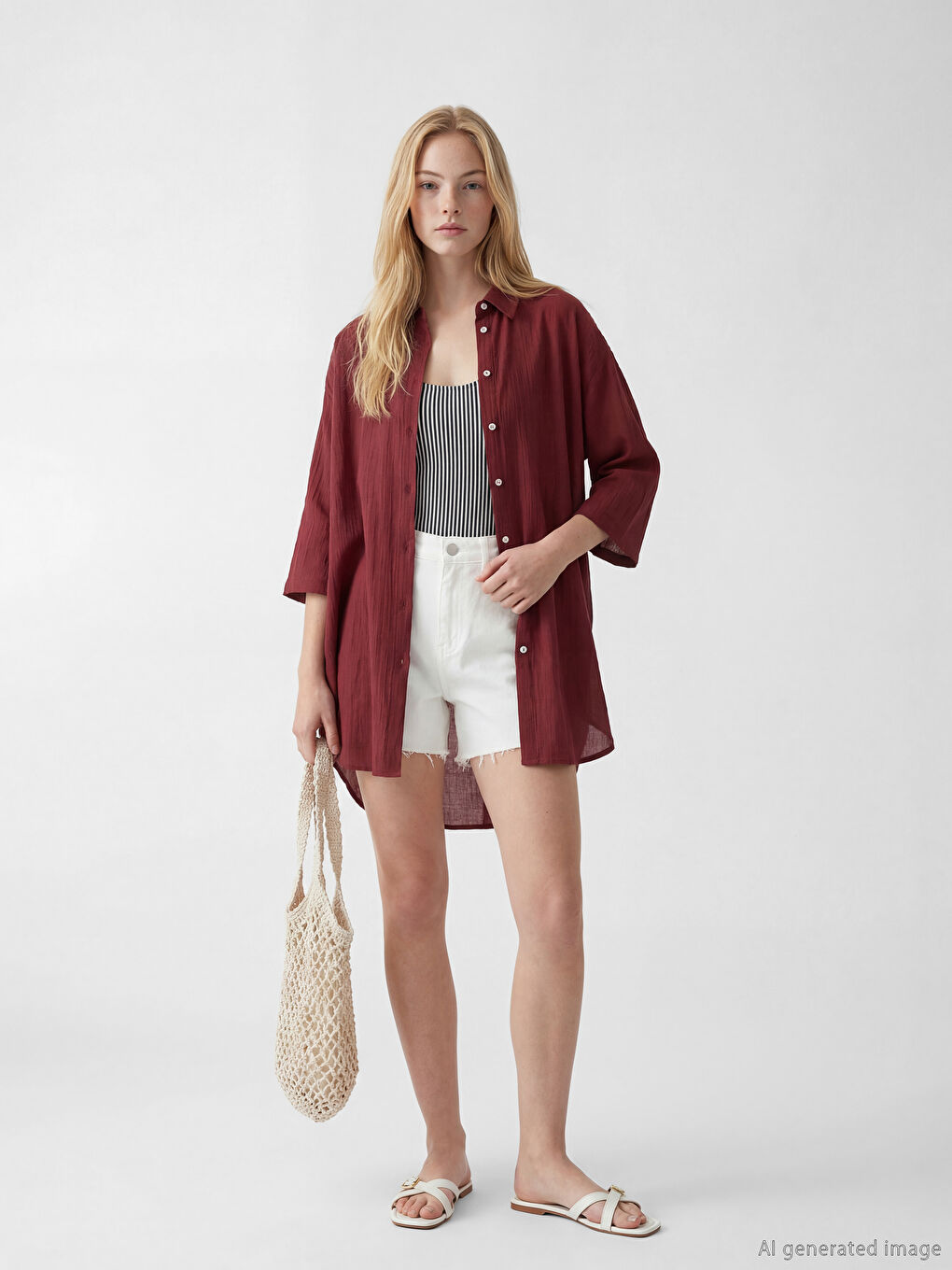 Bordo Gömlek Yaka Kadın Plaj Elbisesi-2