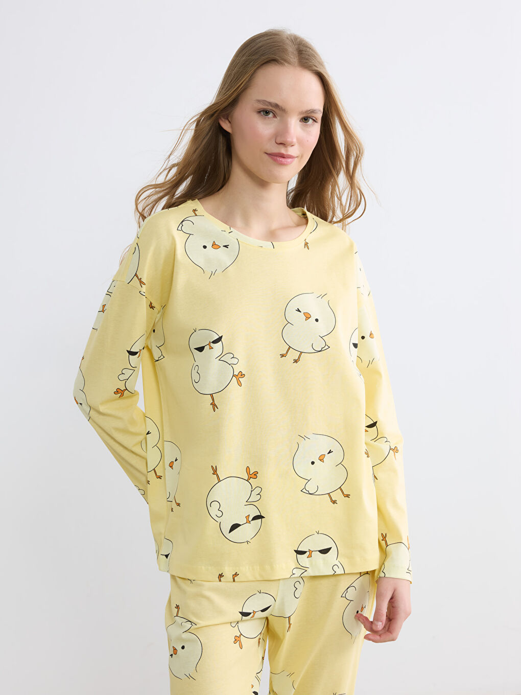 Women's patterned pajama set with a crew neck.
