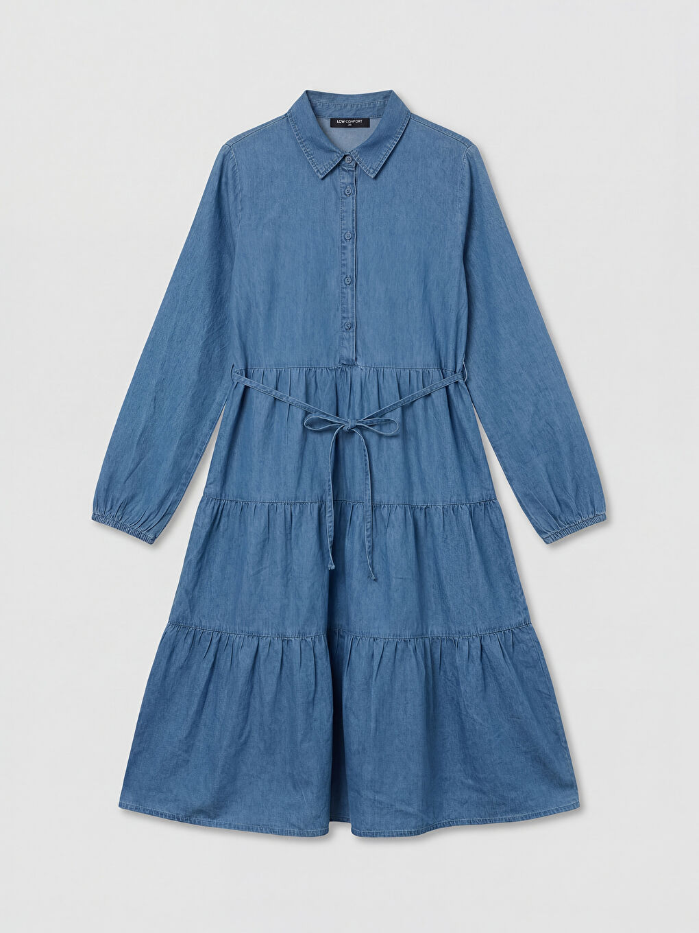 Джинсовое платье для женщин с рубашечным воротником, ярусной отделкой и длинными рукавами