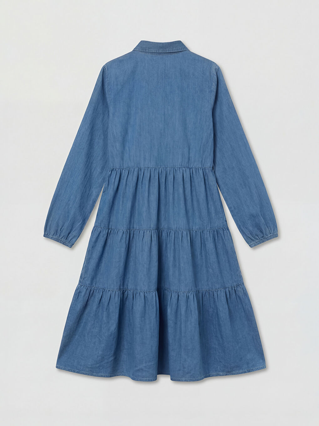 Джинсовое платье для женщин с рубашечным воротником, ярусной отделкой и длинными рукавами-1