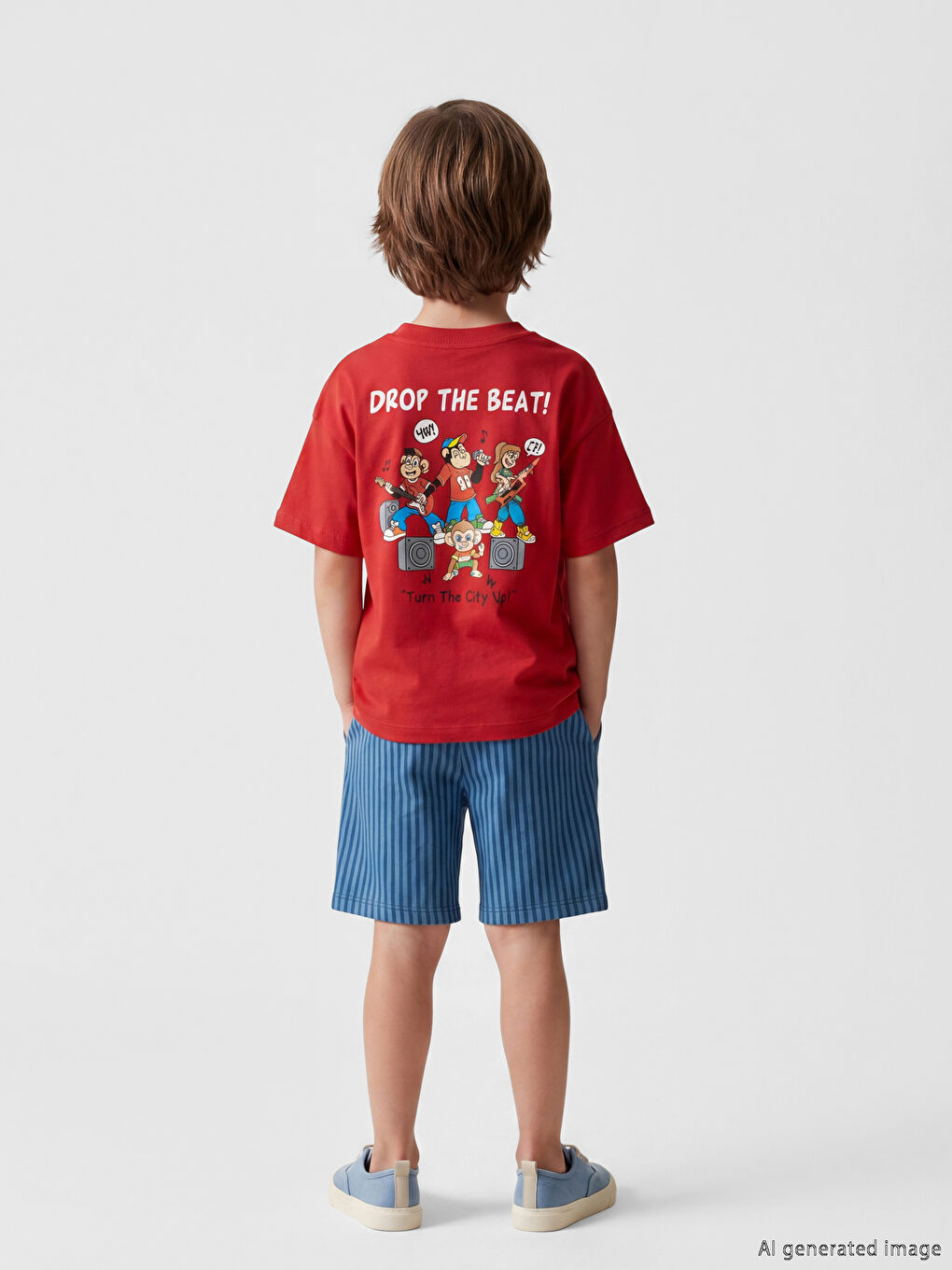 Kırmızı Nostaljik Maymun Baskılı Unisex Çocuk Tişört-3