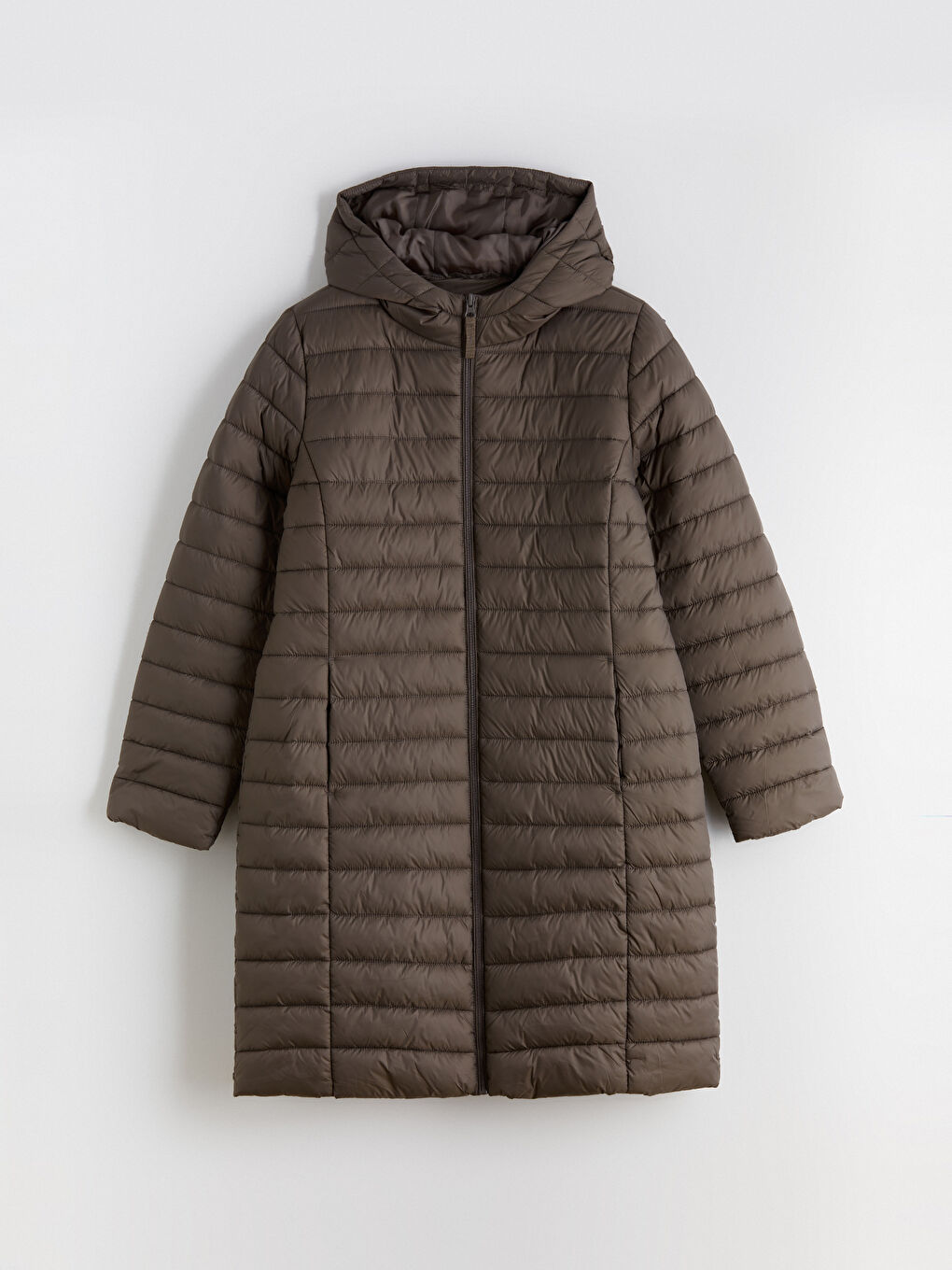Kahverengi Kapüşonlu Kapitone Kadın Şişme Mont-2