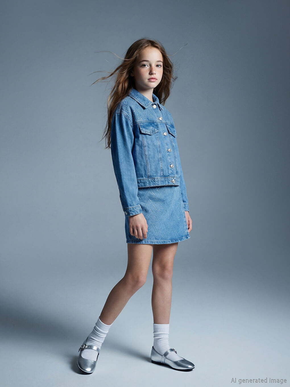 İndigo Taşlı Kız Çocuk Jean Şort Etek-1