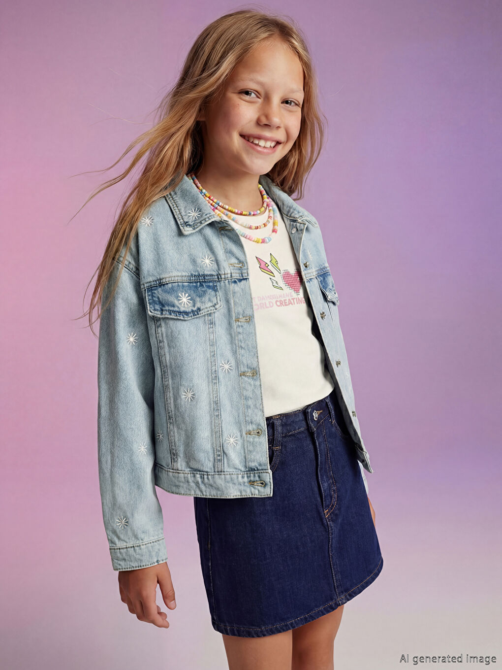 Mavi Çiçek Nakışlı Kız Çocuk Jean Ceket-1