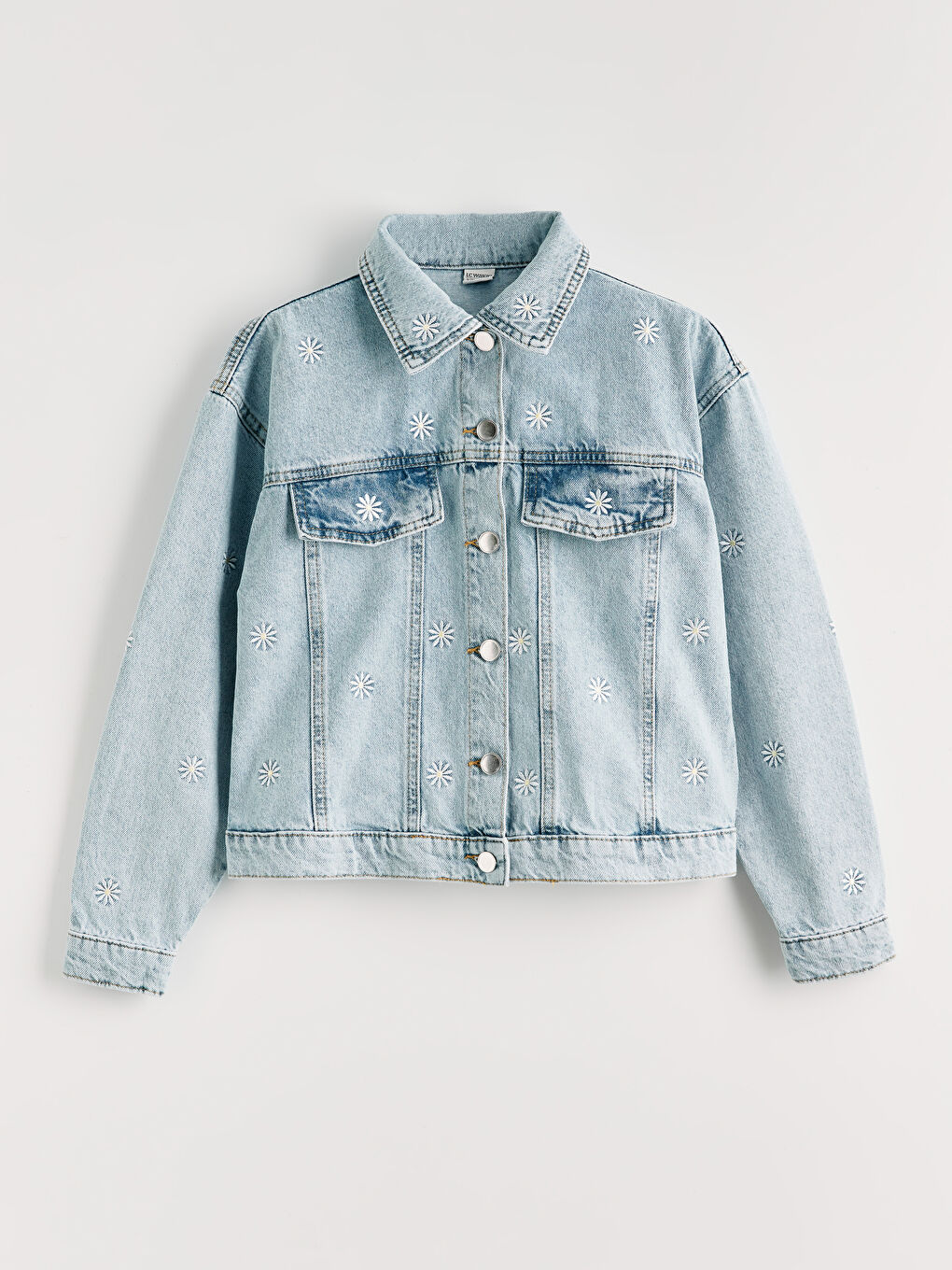 Mavi Çiçek Nakışlı Kız Çocuk Jean Ceket
