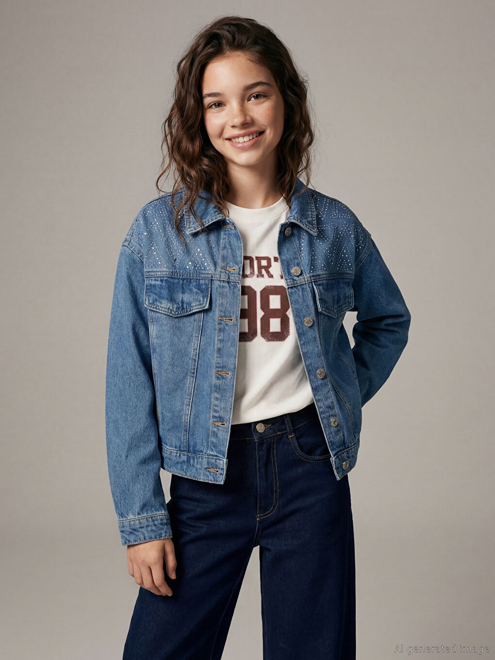 İndigo Taşlı Kız Çocuk Jean Ceket