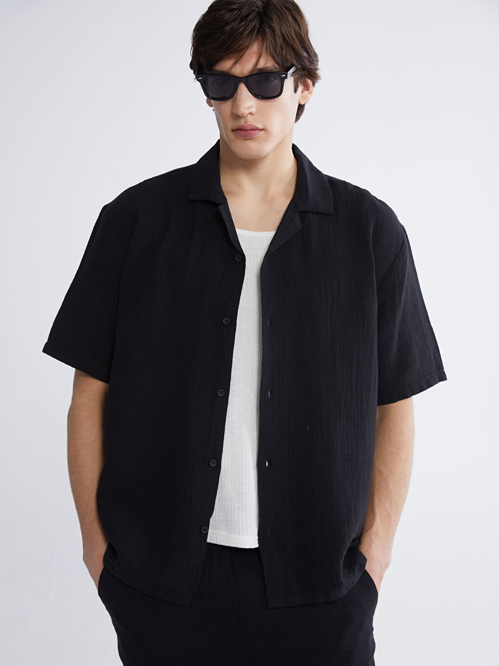 Loose Fit Camp Collar Muslin Men's Shirt-2