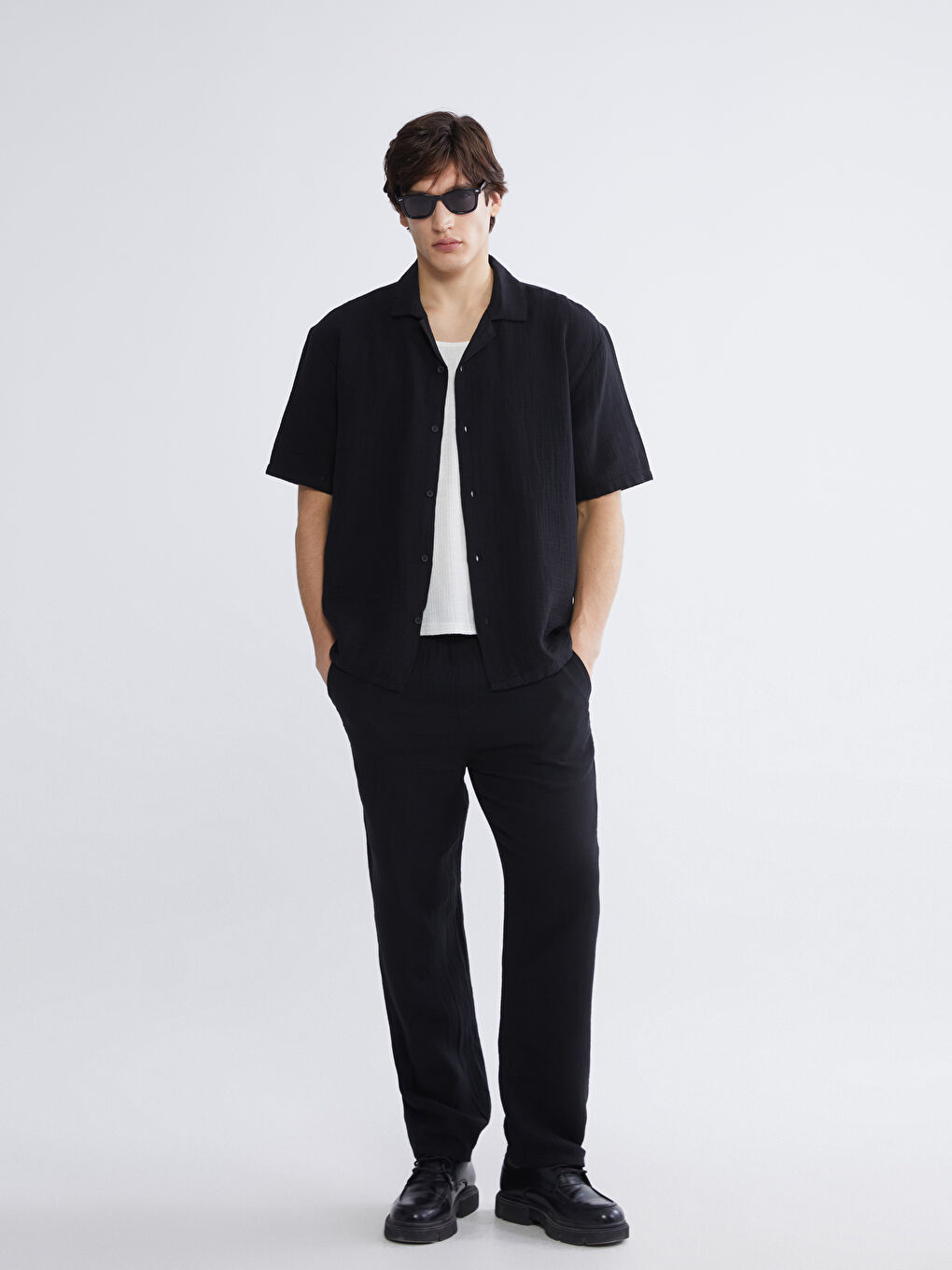 Loose Fit Camp Collar Muslin Men's Shirt-4