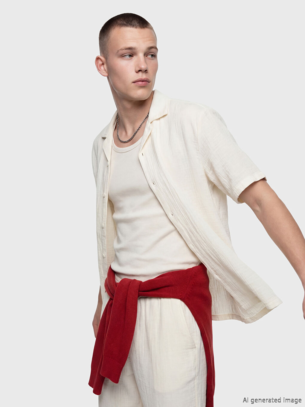 Ekru Loose Fit Resort Yaka Müslin Erkek Gömlek