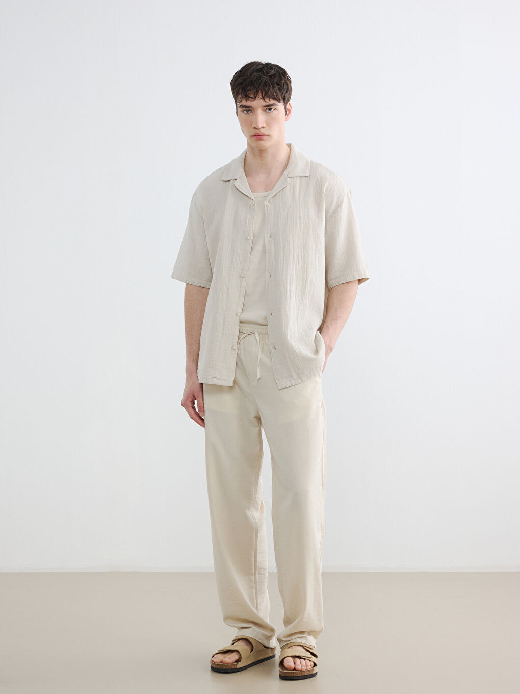 Loose Fit Resort Collar Muslin Men's Shirt-3