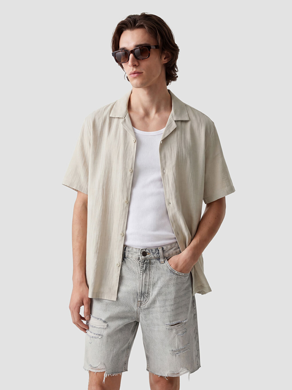 Loose Fit Resort Collar Muslin Men's Shirt-1