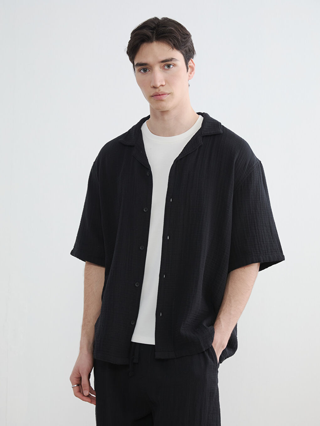 Loose Fit Camp Collar Muslin Men's Shirt