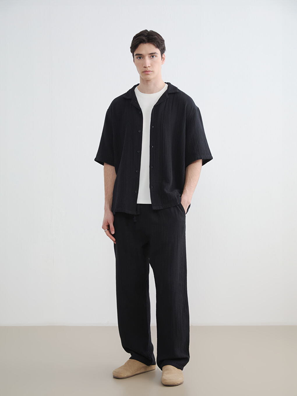 Loose Fit Camp Collar Muslin Men's Shirt-3