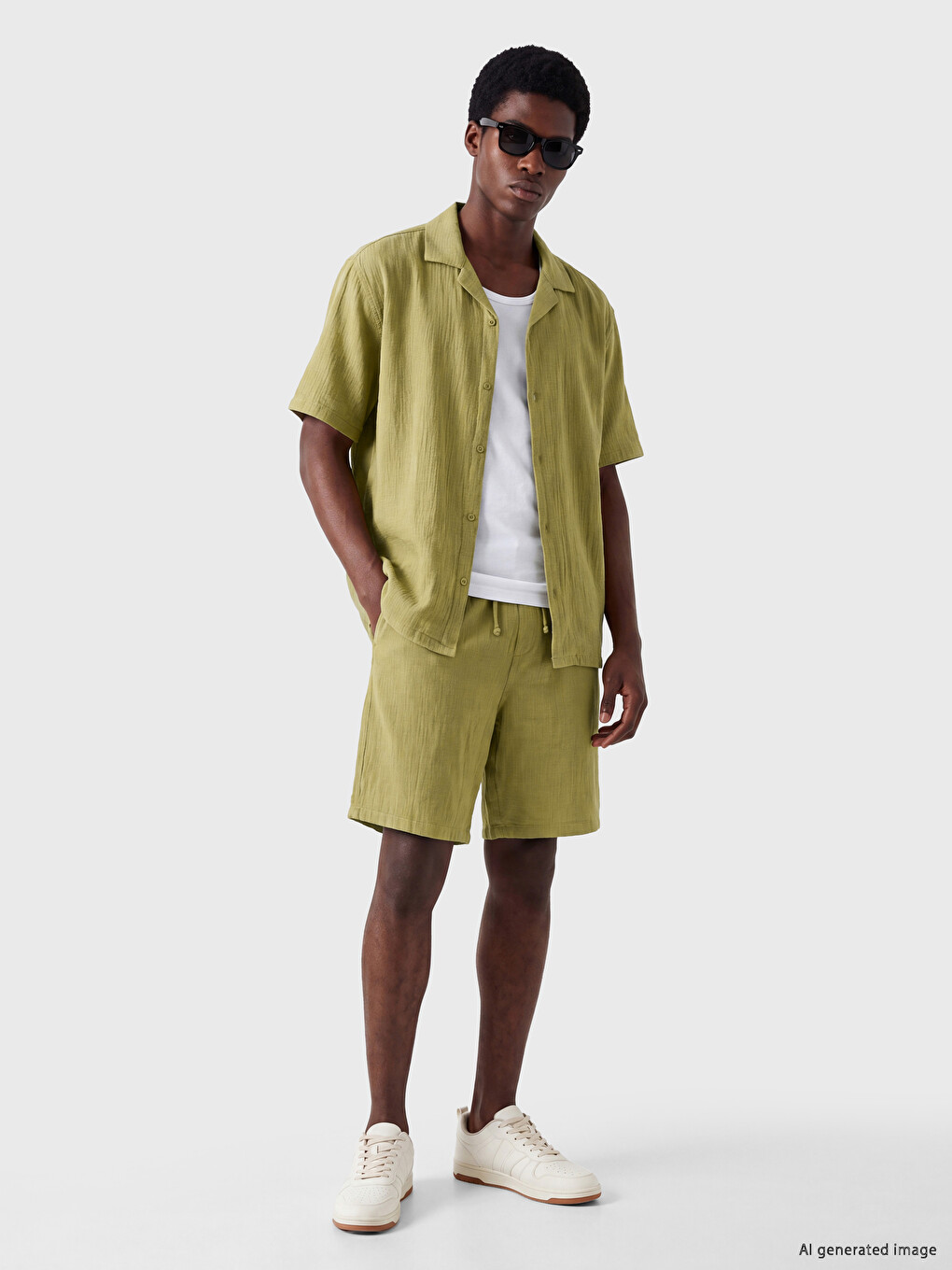Haki Loose Fit Resort Yaka Müslin Erkek Gömlek-1