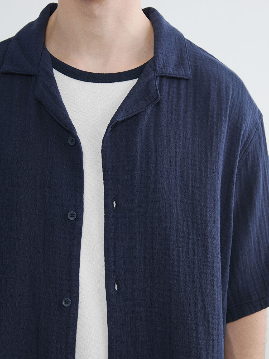 Lacivert Loose Fit Resort Yaka Müslin Erkek Gömlek-2