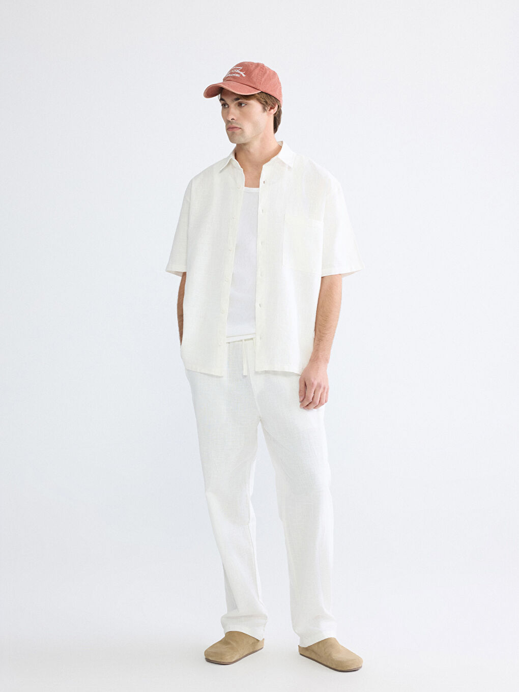 Ekru Loose Fit Keten Görünümlü Erkek Gömlek-4