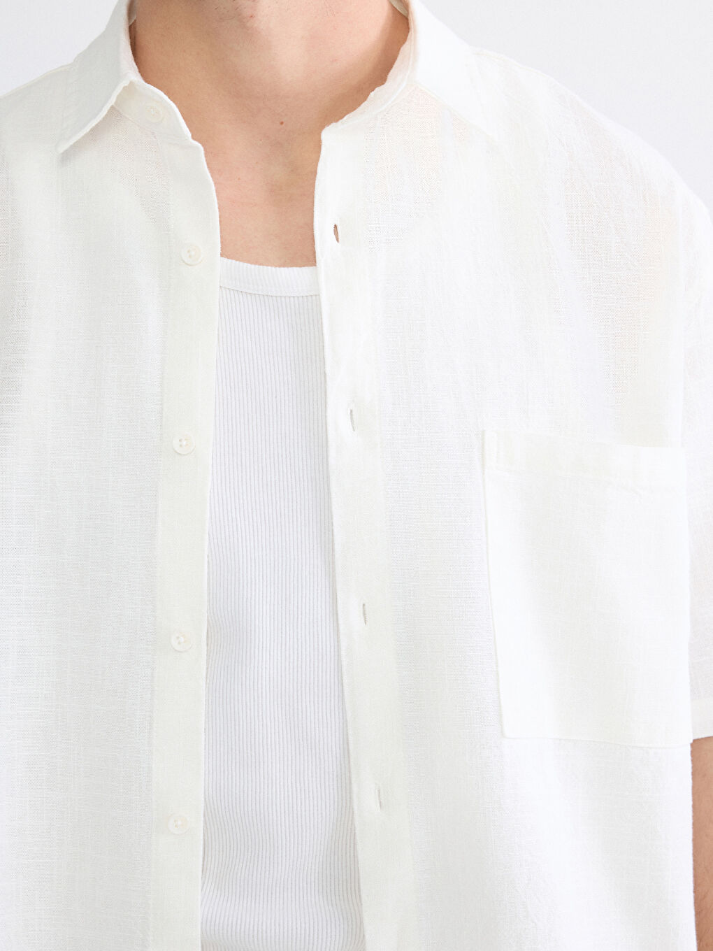 Ekru Loose Fit Keten Görünümlü Erkek Gömlek-6