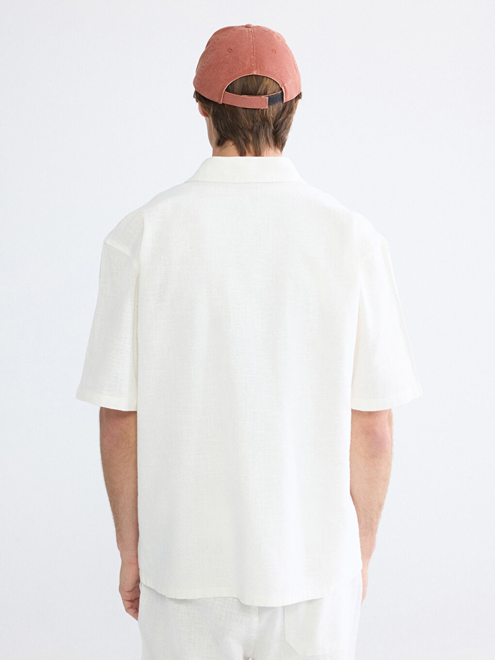 Ekru Loose Fit Keten Görünümlü Erkek Gömlek-8