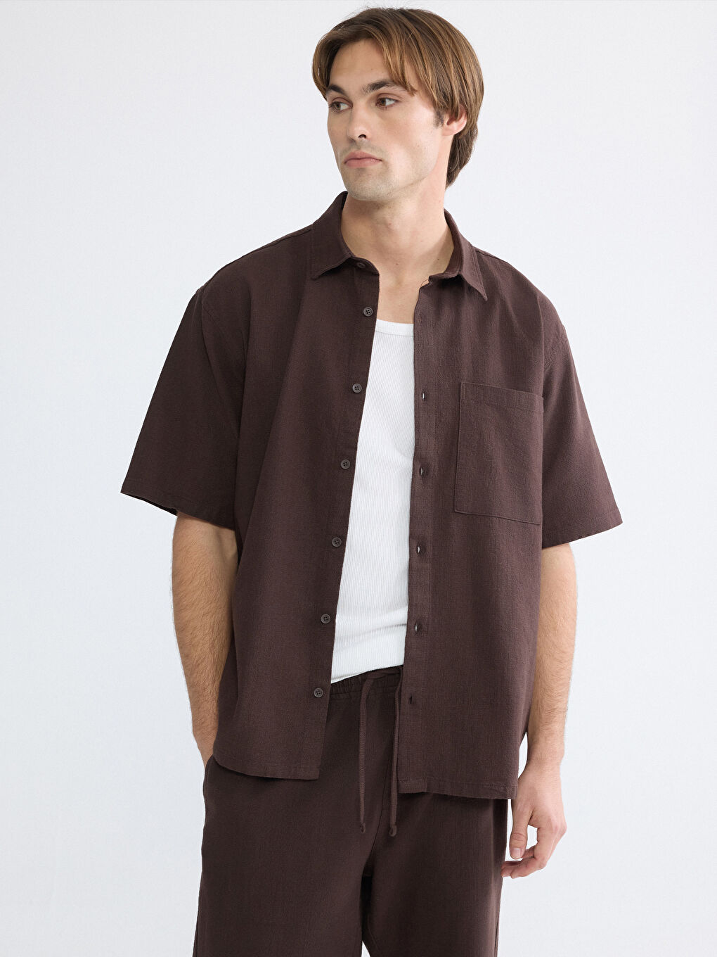 Kahverengi Loose Fit Keten Görünümlü Erkek Gömlek
