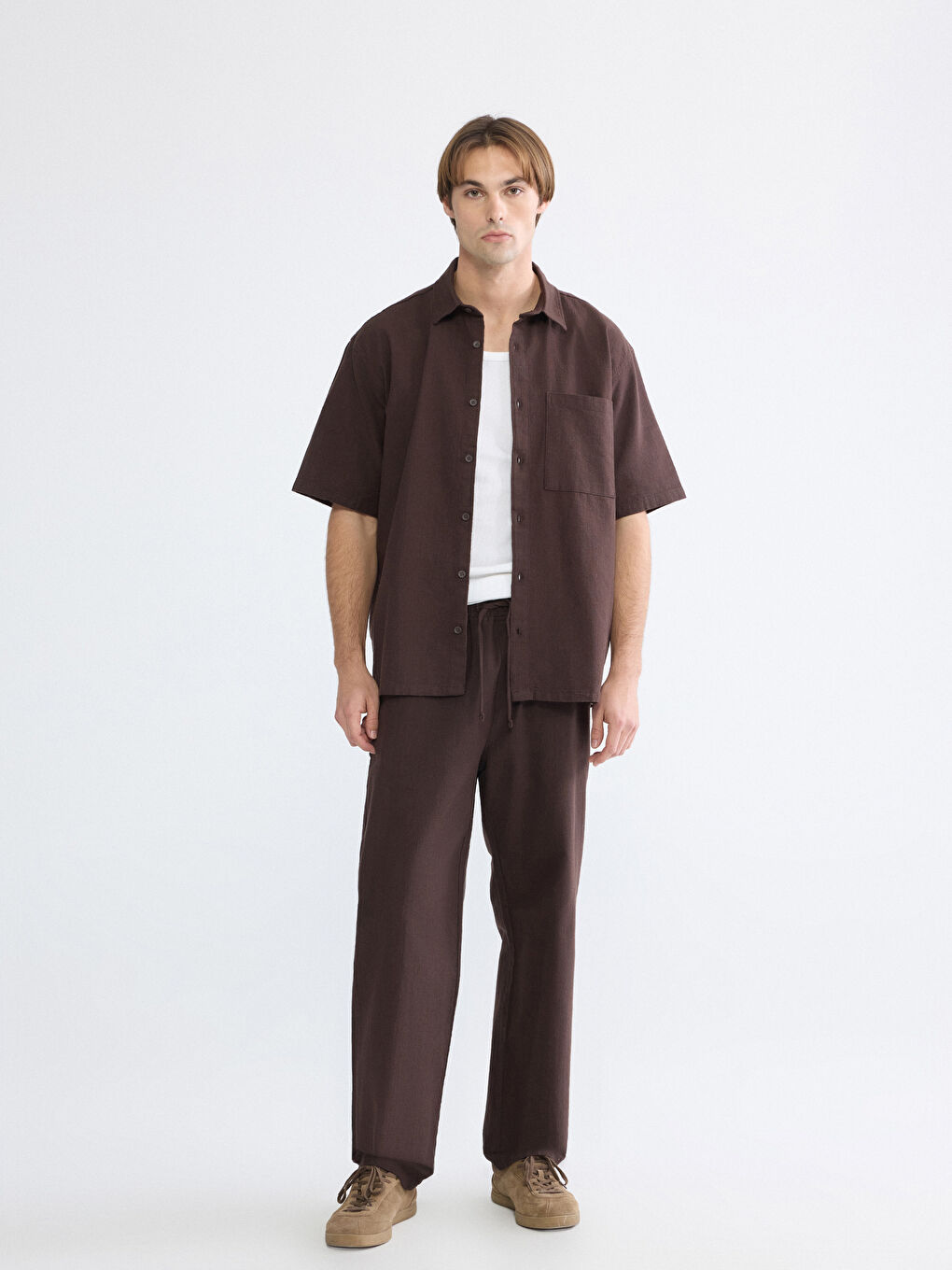 Kahverengi Loose Fit Keten Görünümlü Erkek Gömlek-2
