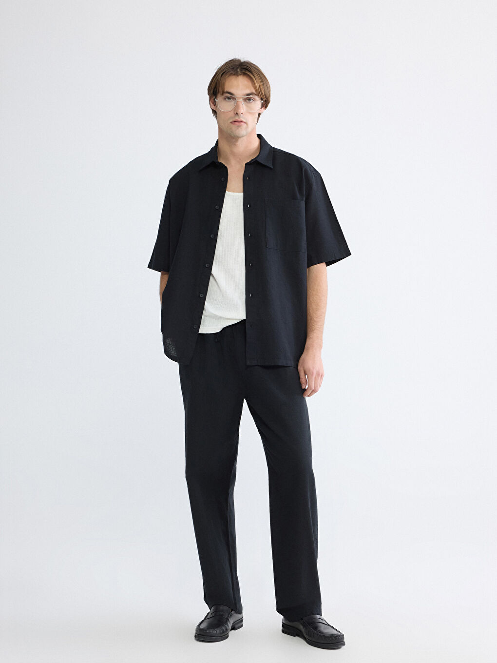 Siyah Loose Fit Keten Görünümlü Erkek Gömlek-6