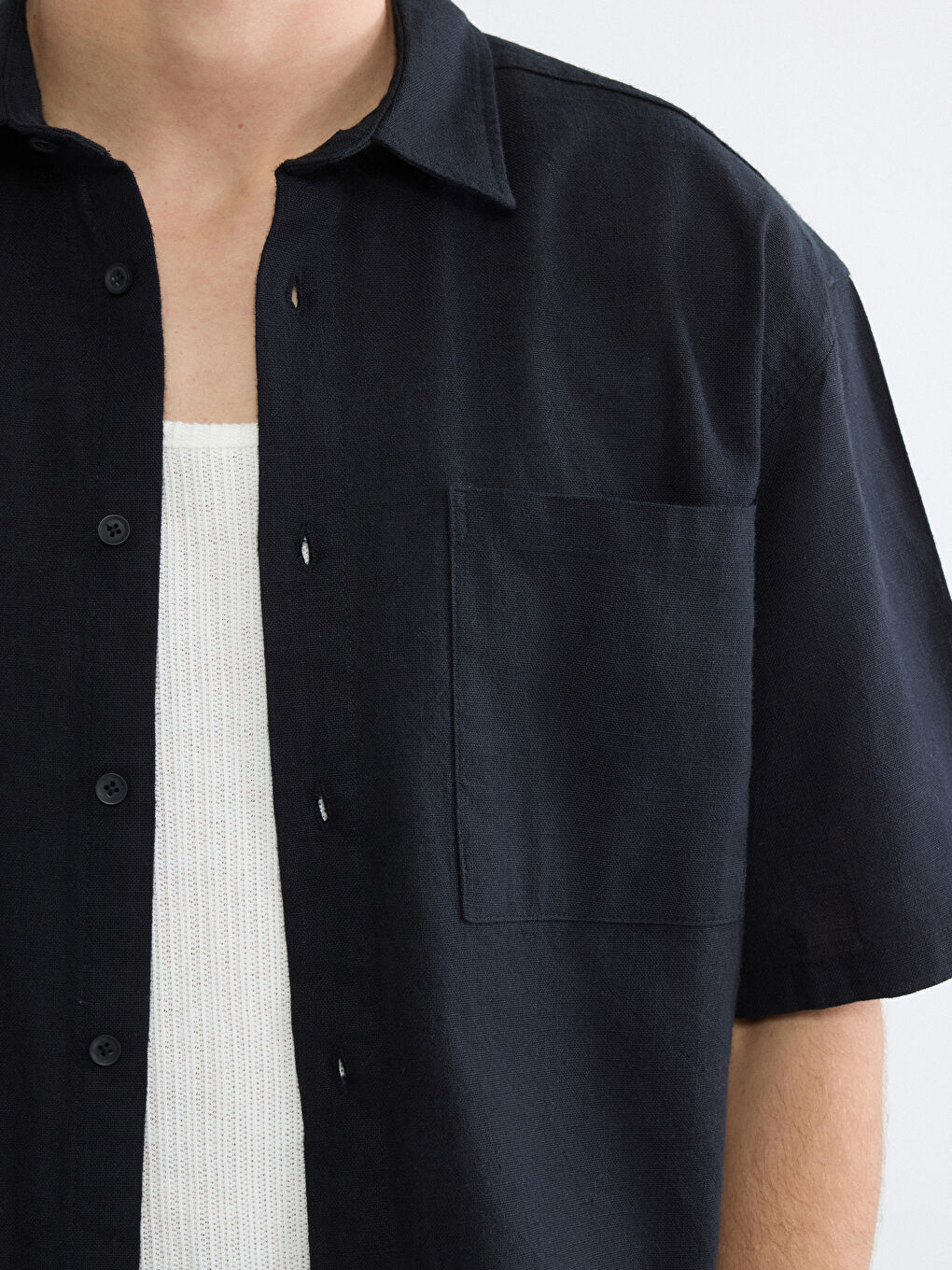 Siyah Loose Fit Keten Görünümlü Erkek Gömlek-9