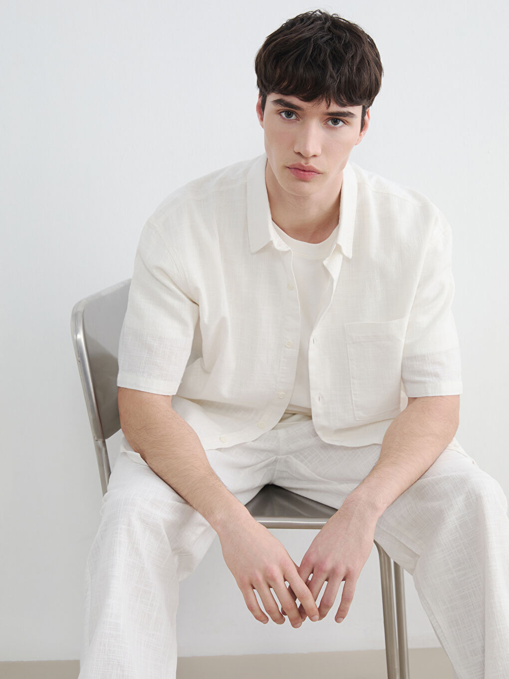 Ekru Loose Fit Keten Görünümlü Erkek Gömlek-1