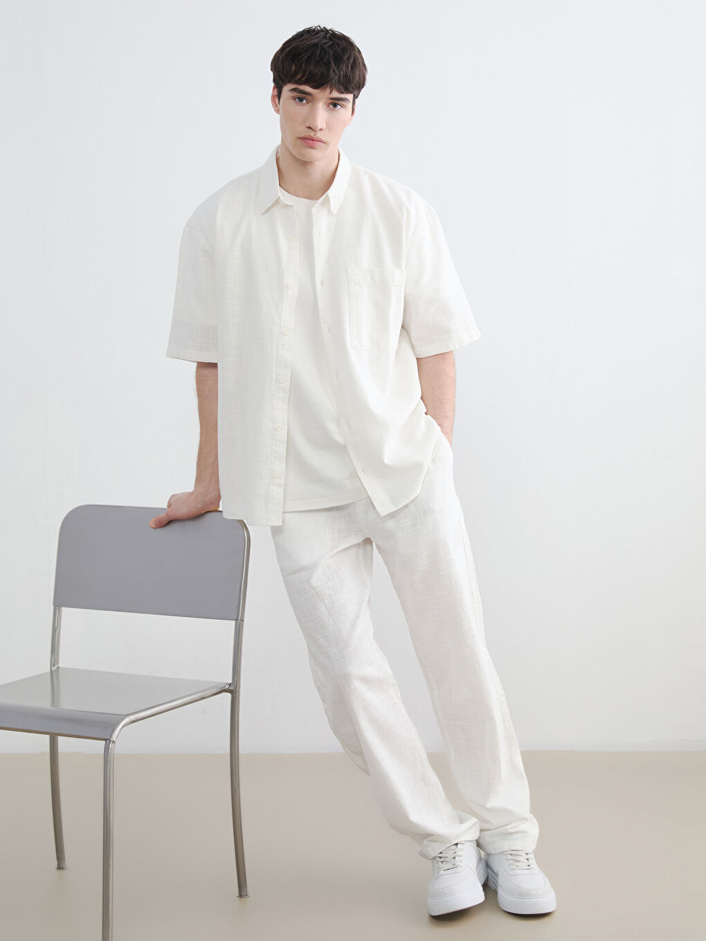 Ekru Loose Fit Keten Görünümlü Erkek Gömlek-3