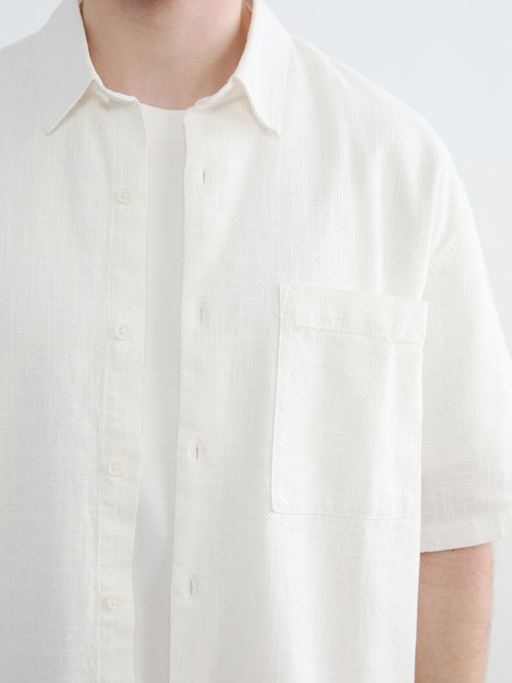 Ekru Loose Fit Keten Görünümlü Erkek Gömlek-5