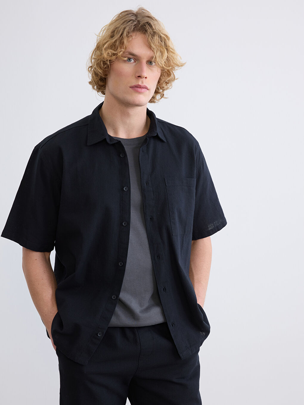 Siyah Loose Fit Keten Görünümlü Erkek Gömlek-1