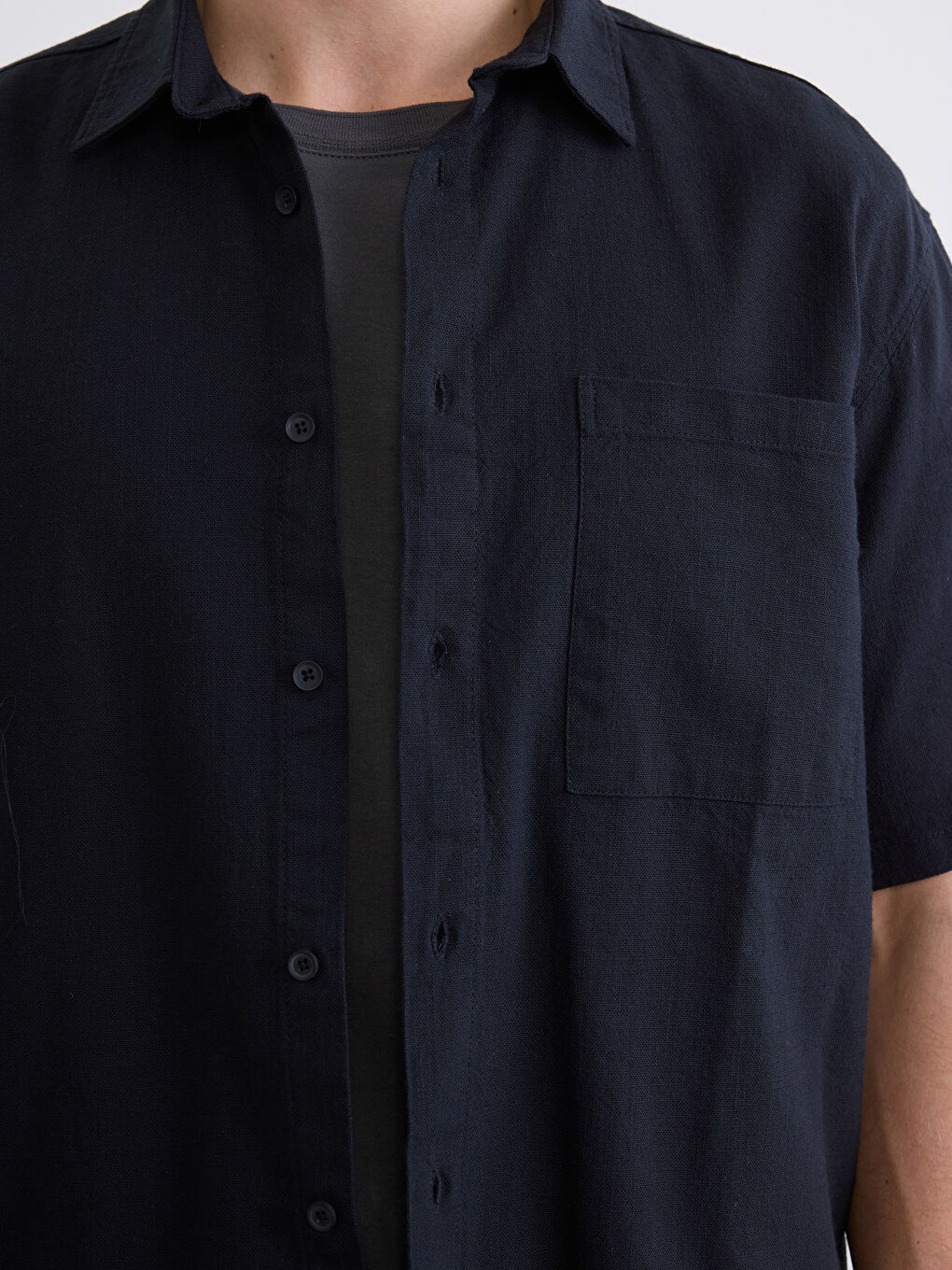 Siyah Loose Fit Keten Görünümlü Erkek Gömlek-8