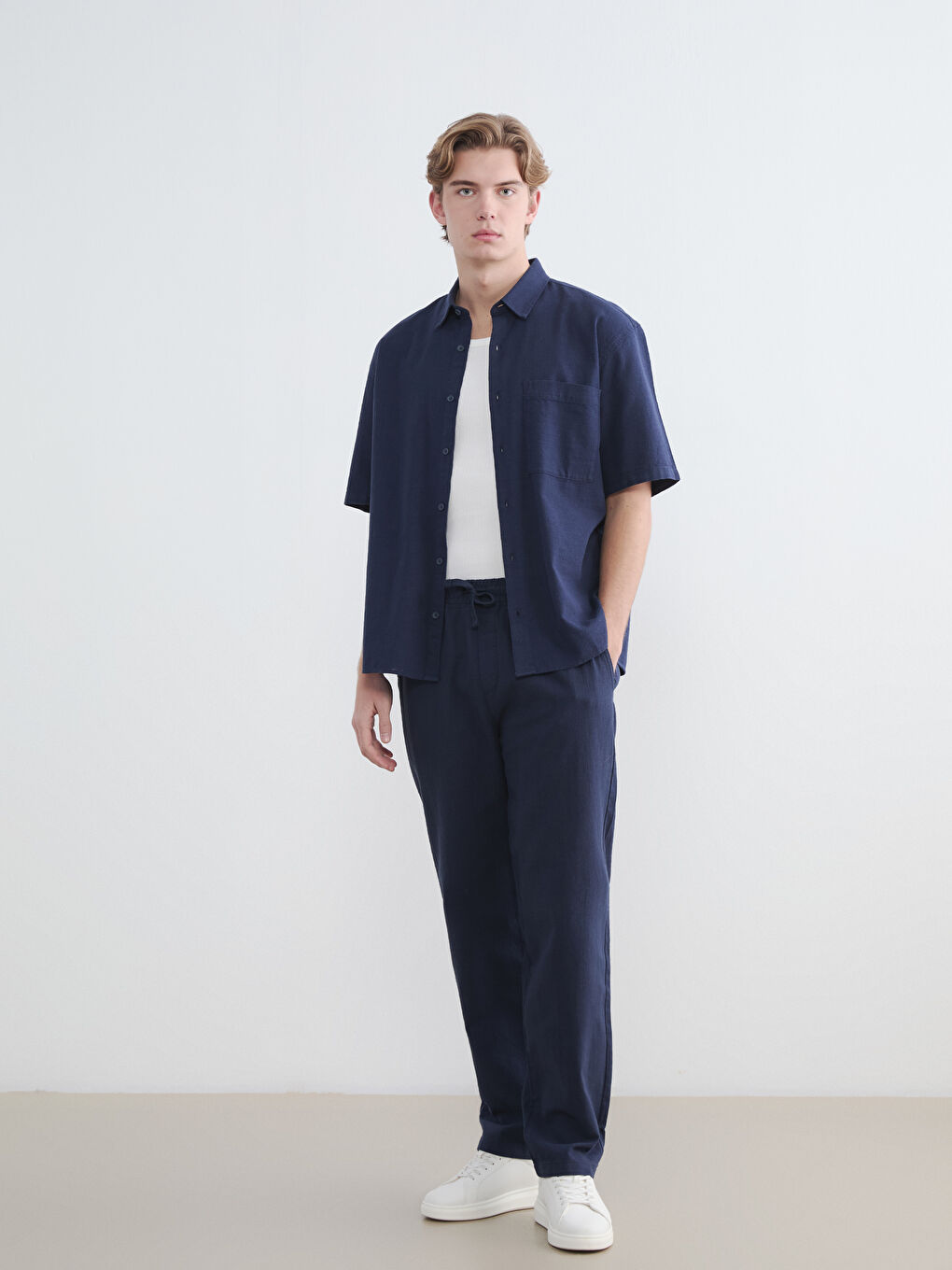 Lacivert Loose Fit Keten Görünümlü Erkek Gömlek-3