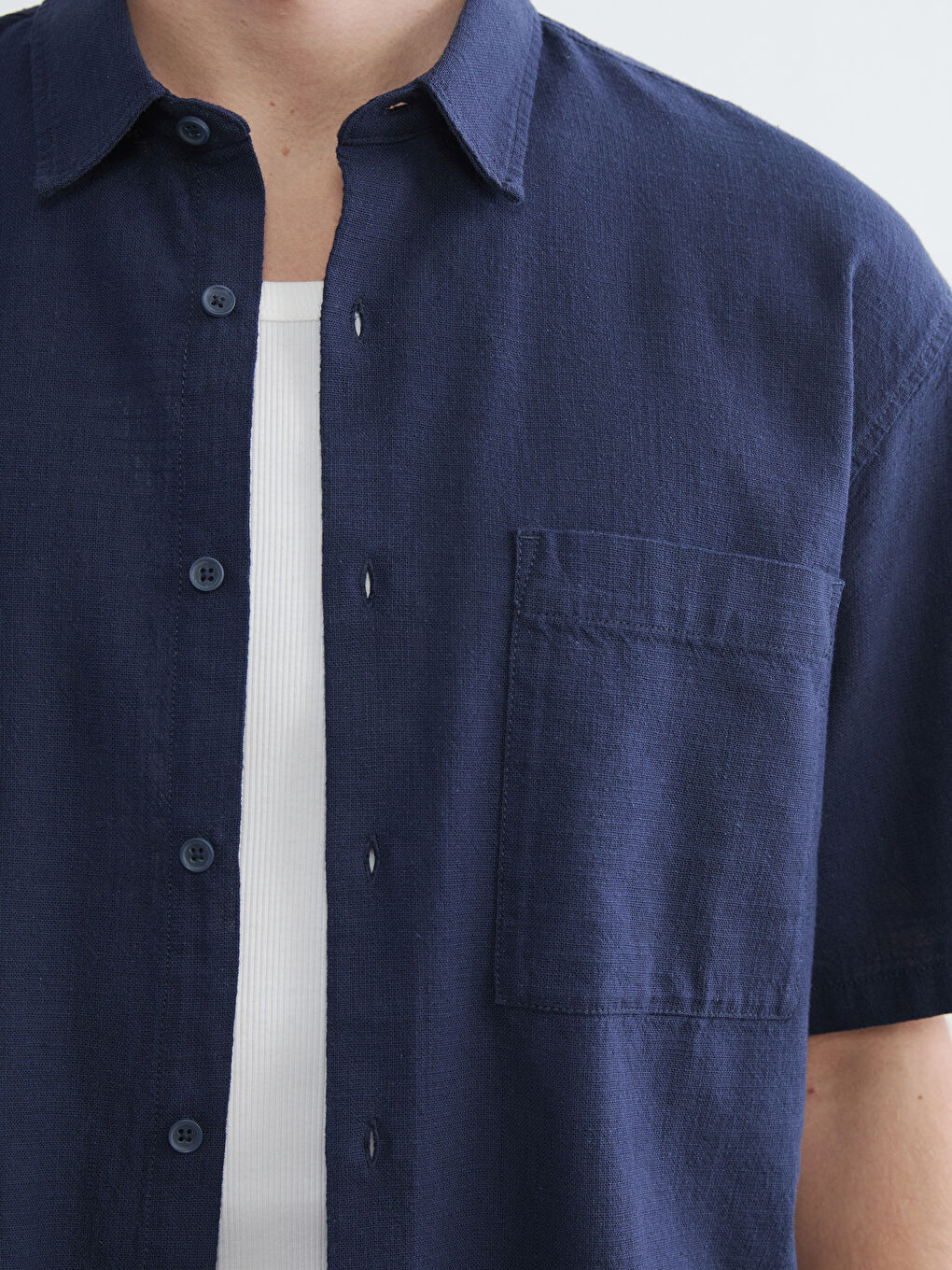 Lacivert Loose Fit Keten Görünümlü Erkek Gömlek-5
