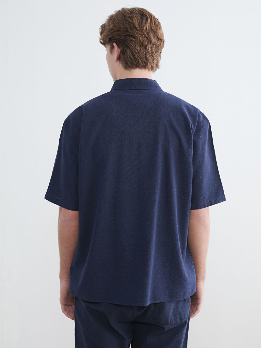 Lacivert Loose Fit Keten Görünümlü Erkek Gömlek-7