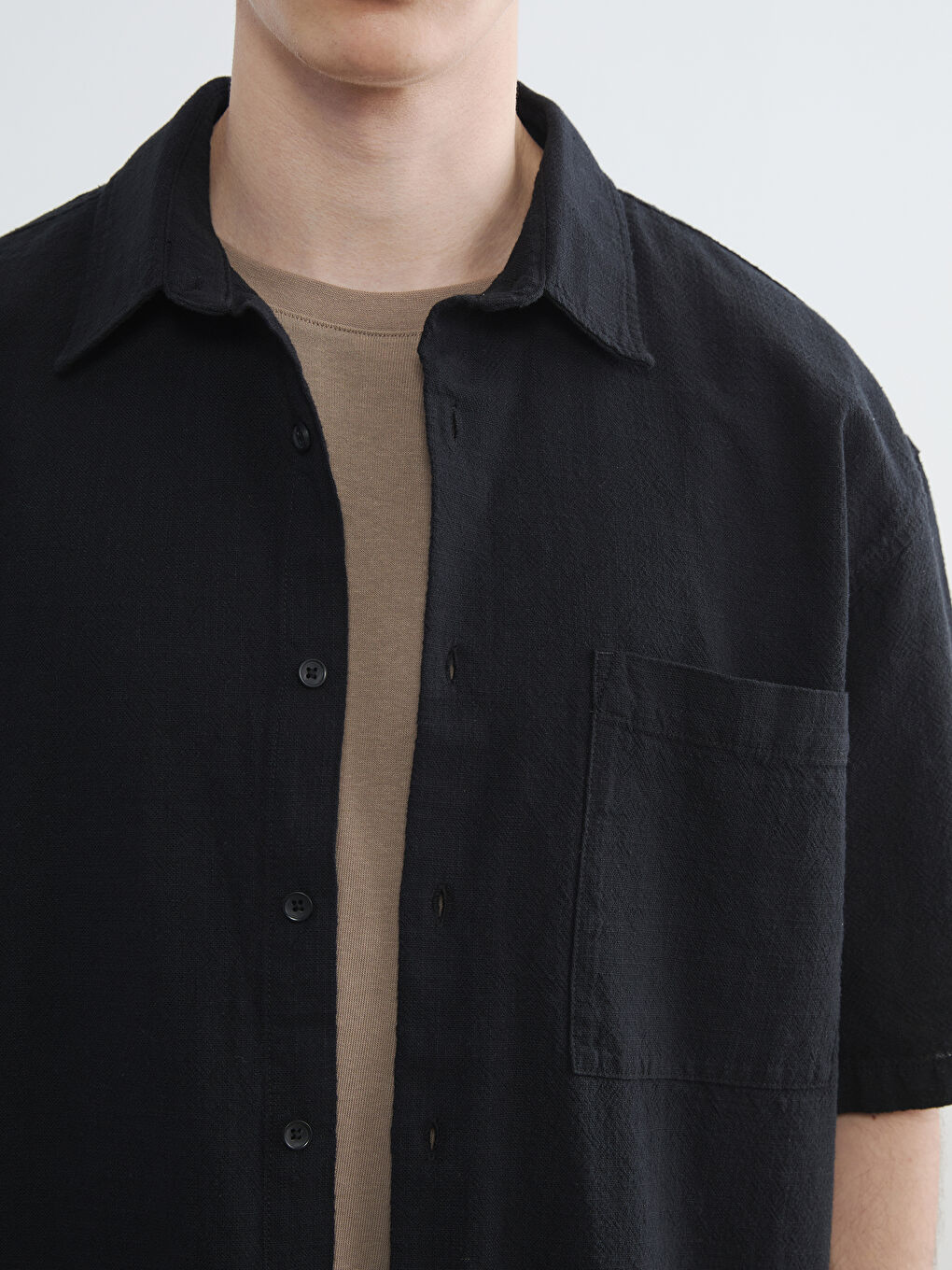 Siyah Loose Fit Keten Görünümlü Erkek Gömlek-7