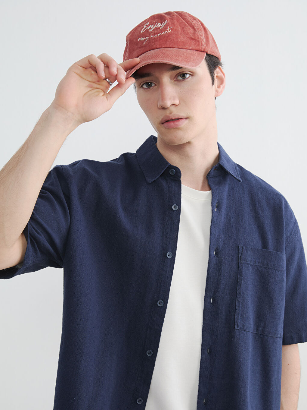 Lacivert Loose Fit Keten Görünümlü Erkek Gömlek-1