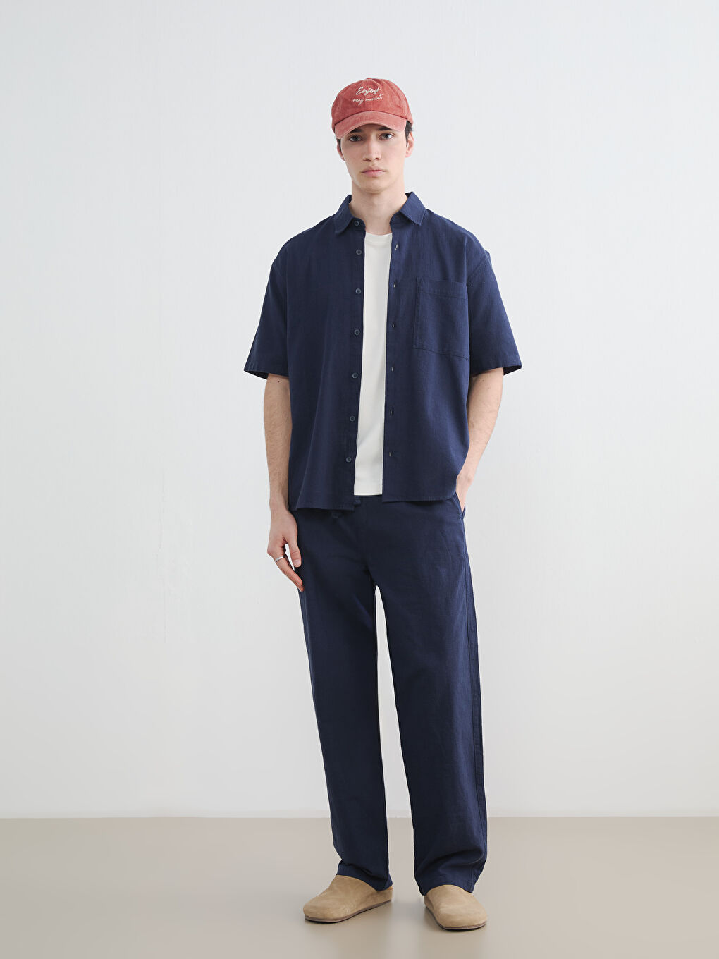 Lacivert Loose Fit Keten Görünümlü Erkek Gömlek-2