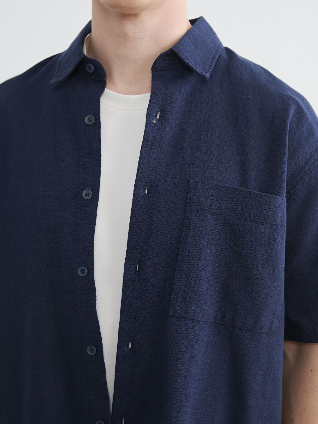 Lacivert Loose Fit Keten Görünümlü Erkek Gömlek-4