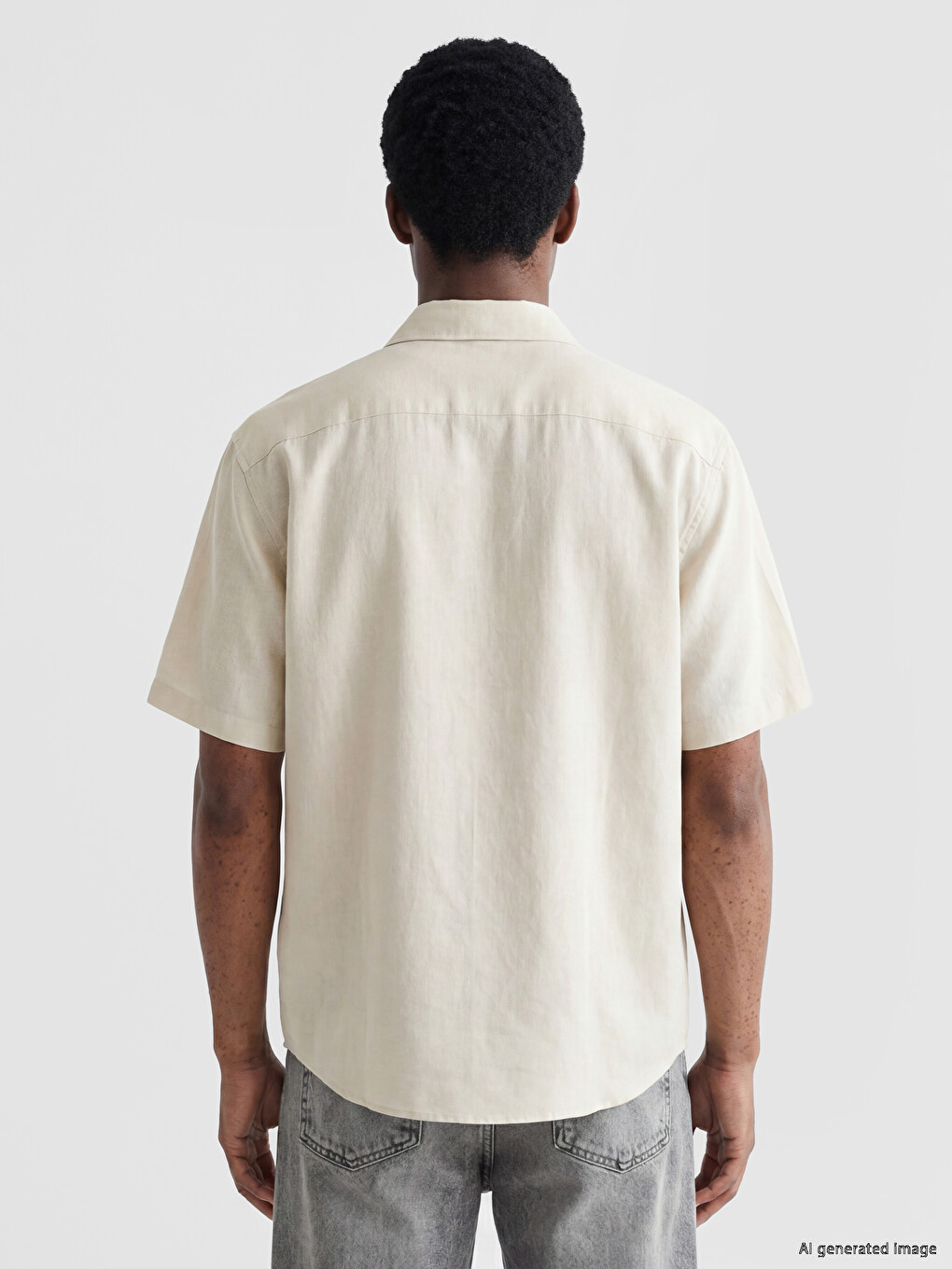 Bej Loose Fit Keten Görünümlü Erkek Gömlek-3