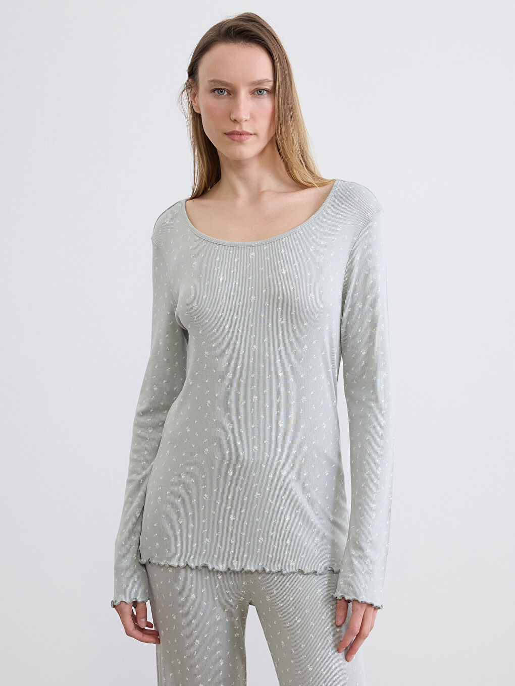 Yeşil Bisiklet Yaka Desenli Kadın Pijama Takım