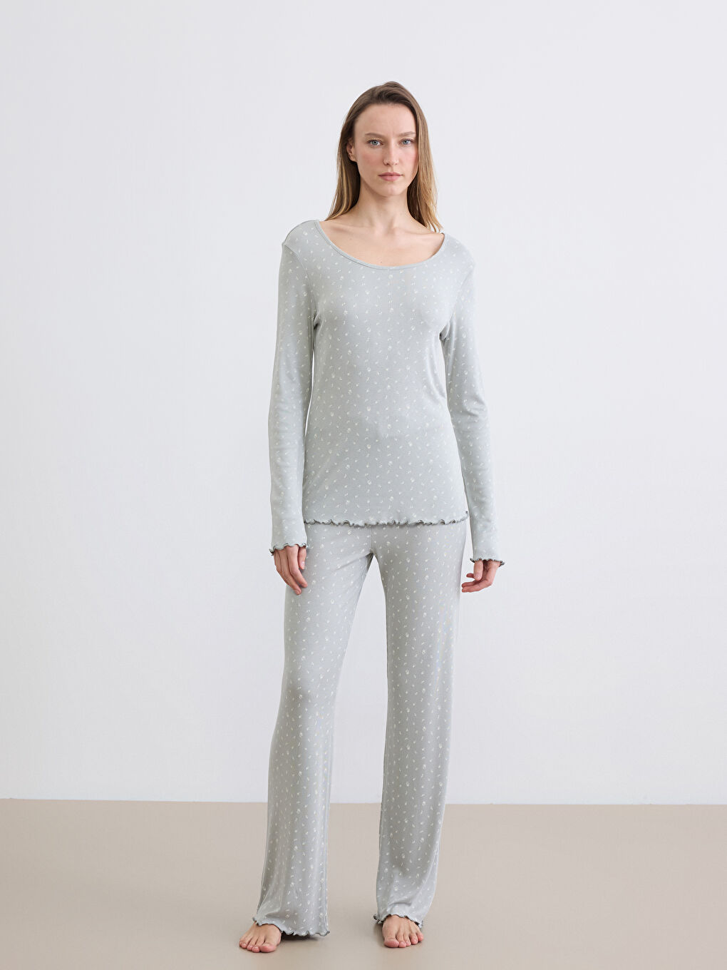 Yeşil Bisiklet Yaka Desenli Kadın Pijama Takım-1