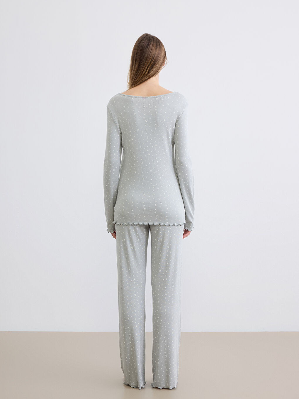 Yeşil Bisiklet Yaka Desenli Kadın Pijama Takım-3