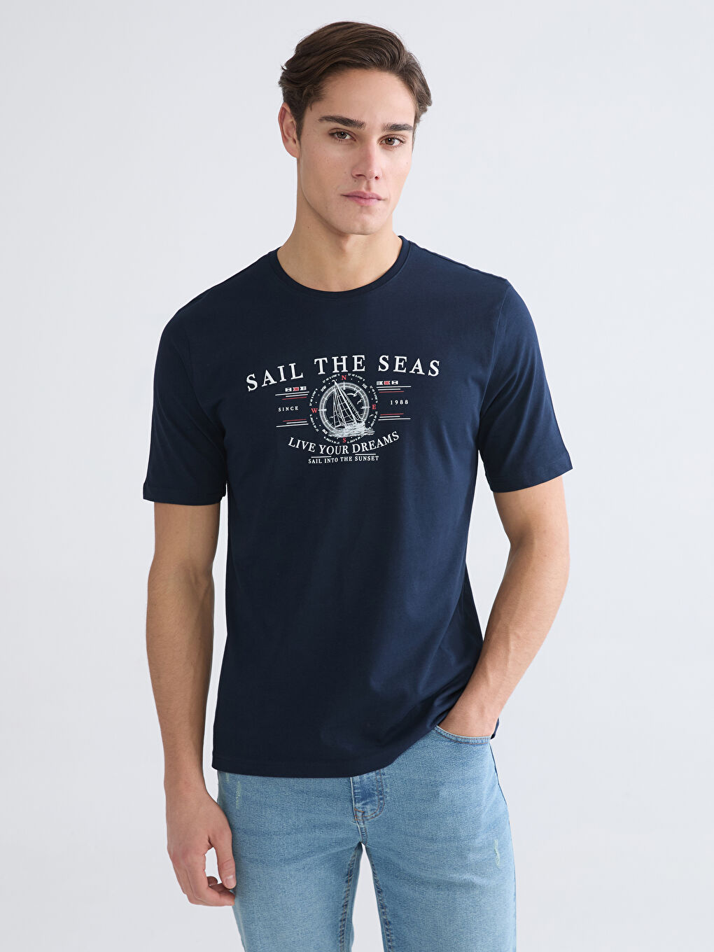 Lacivert Bisiklet Yaka Baskılı Penye Erkek Tişört