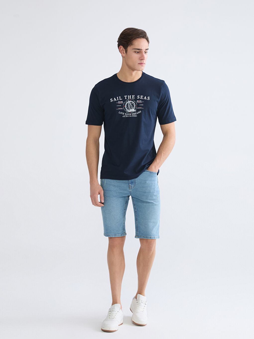 Lacivert Bisiklet Yaka Baskılı Penye Erkek Tişört-1