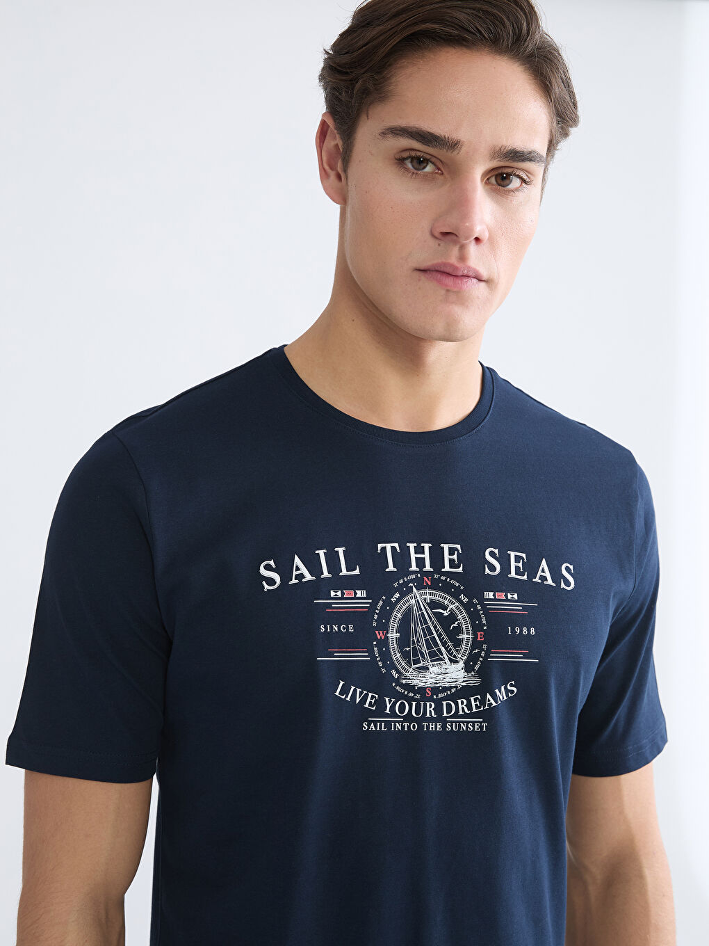 Lacivert Bisiklet Yaka Baskılı Penye Erkek Tişört-2