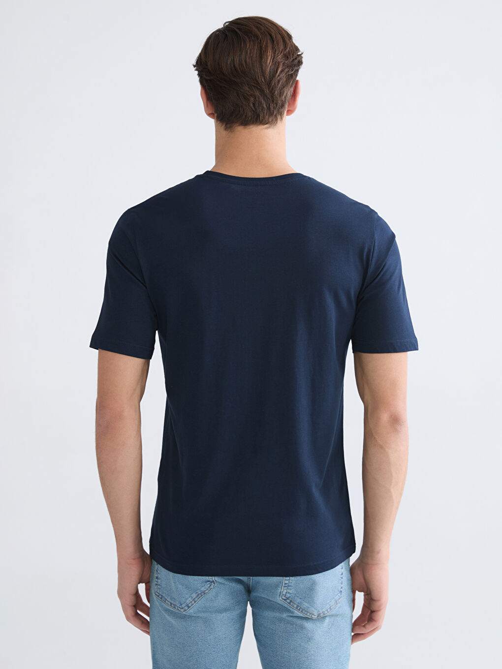 Lacivert Bisiklet Yaka Baskılı Penye Erkek Tişört-3
