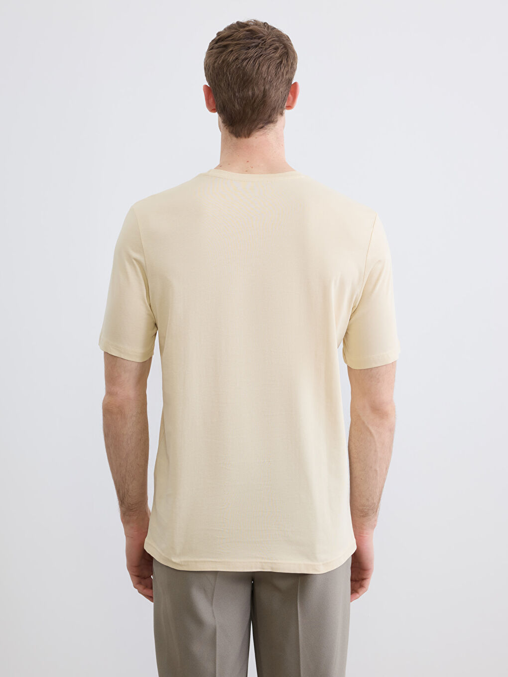 Bej Bisiklet Yaka Yazı Baskılı Penye Erkek Tişört-3