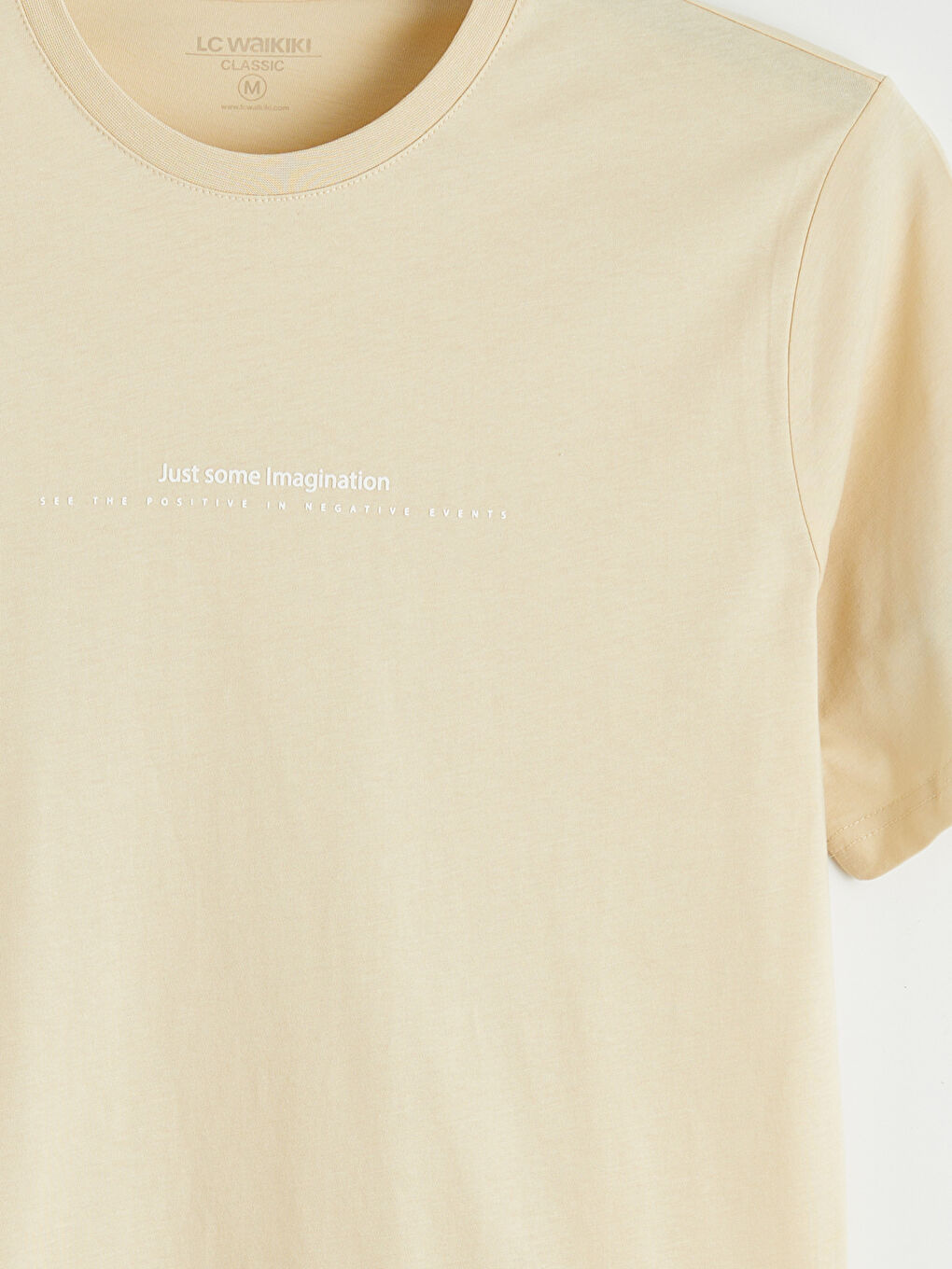 Bej Bisiklet Yaka Yazı Baskılı Penye Erkek Tişört-6